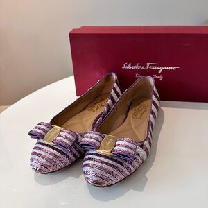 Salvatore Ferragamo Sequins Ballet Flats with 
Purple and White Stripe SIZE 5
